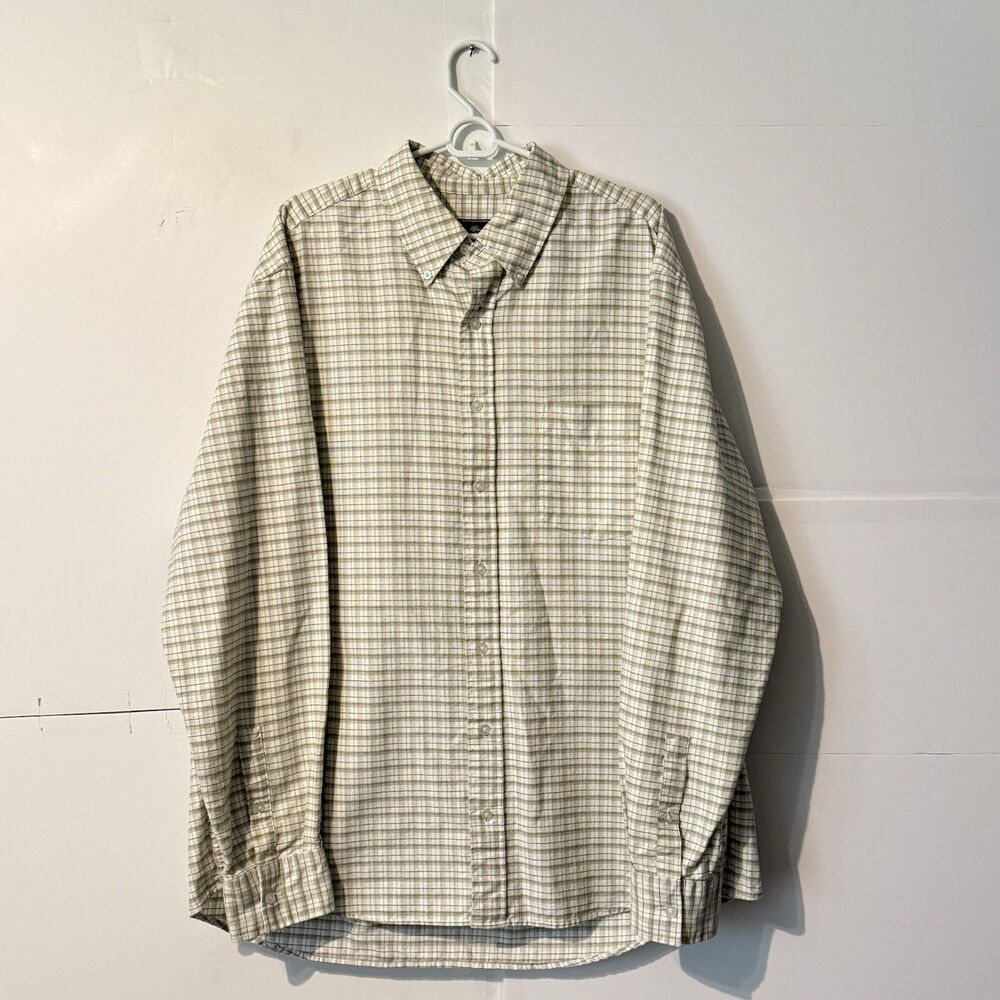 Eddie Bauer Mens Shirt Size XL Tall White Grey Check Plaid Long Sleeve Button Up